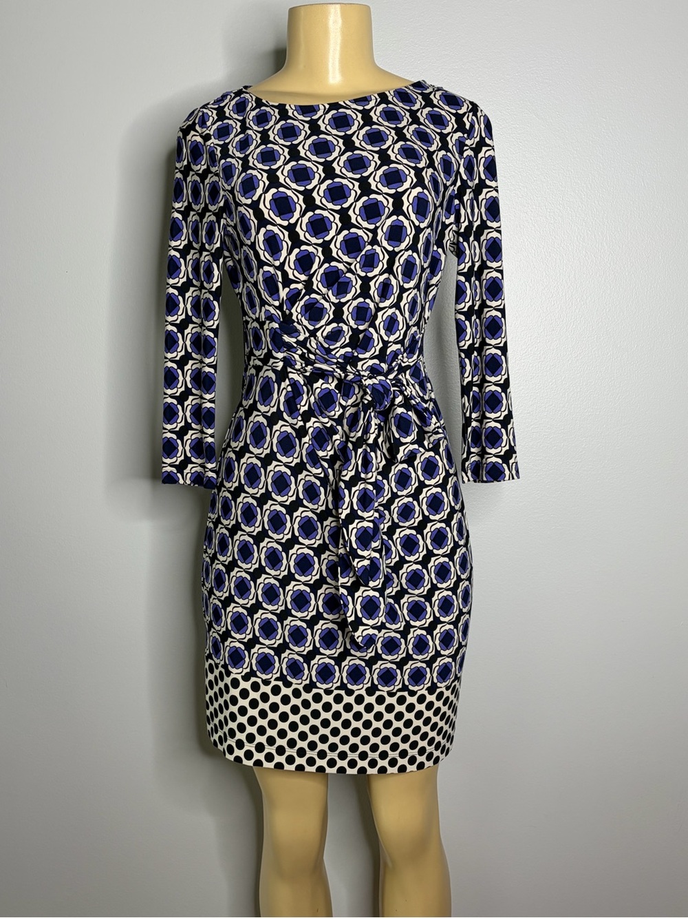 Donna Morgan Navy and White Geometric Tie-Waist Long Sleeve Dress Size 4P